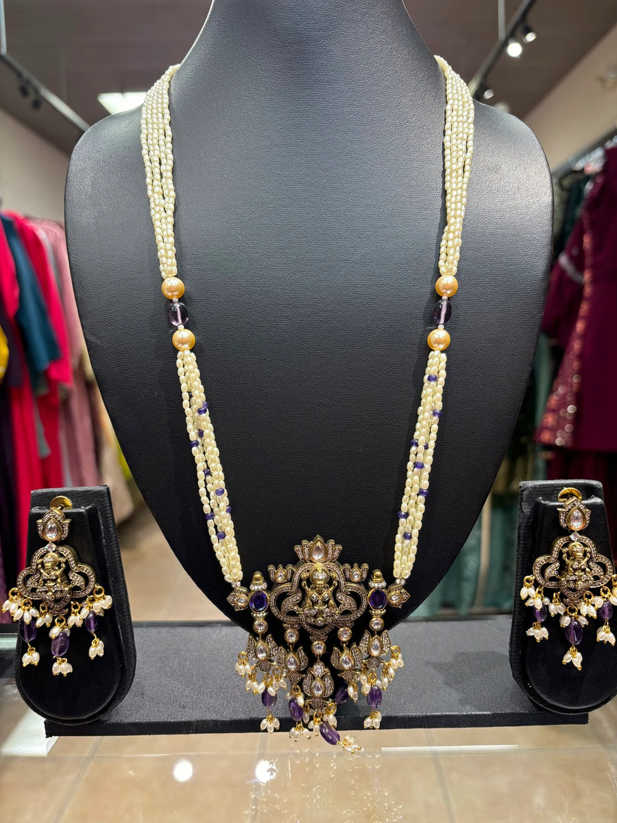 Pearl Long Necklace set with Goddess Lakshmi Pendant set