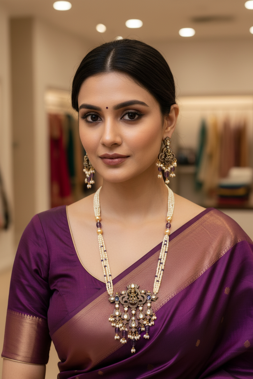 Indian woman wearing a purple silk saree with traditional gold and pearl jewelry in a boutique setting