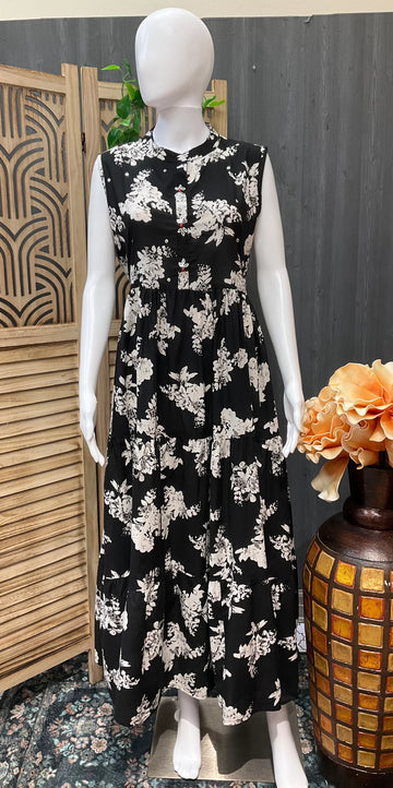 Black Pure Cotton Summer Frock/Kurti Size 40-46 - Floral Print Women's Wear