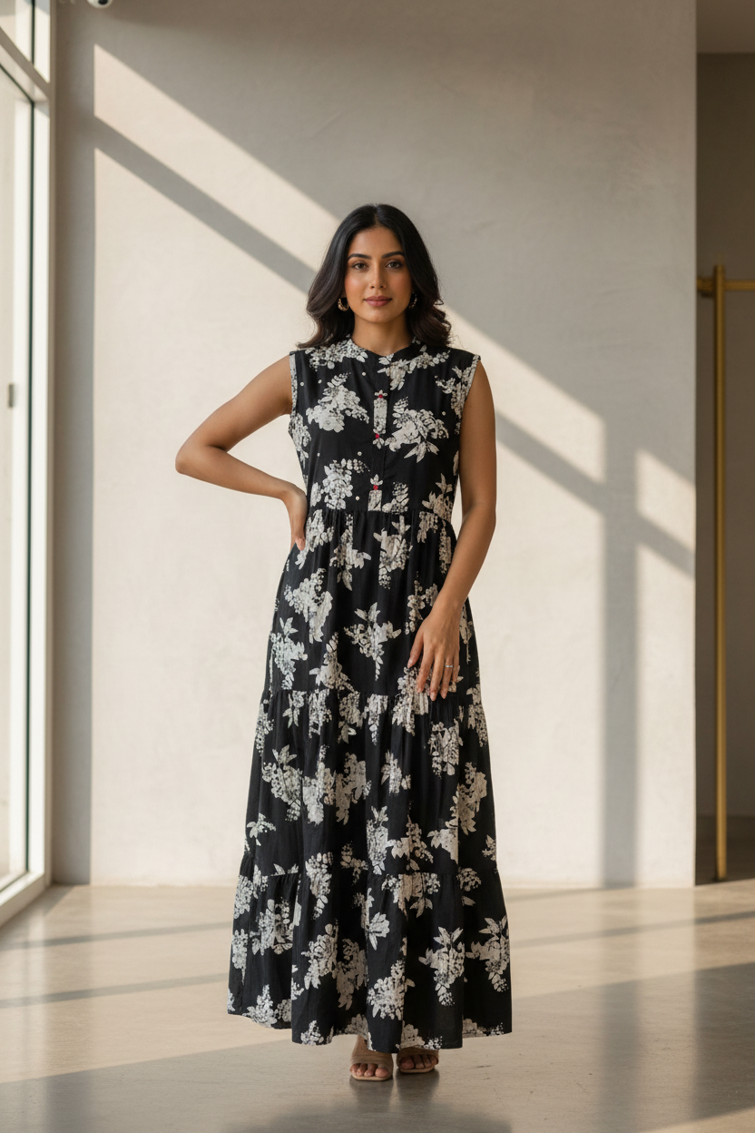 Black Pure Cotton Summer Frock/Kurti Size 40-46 - Floral Print Women's Wear