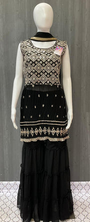 Black Party Wear 3-Piece Sharara Set Size 38 - Georgette