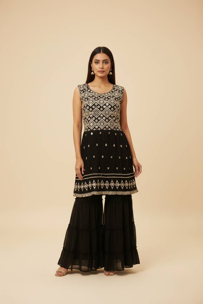 Black Party Wear 3-Piece Sharara Set Size 38 - Georgette