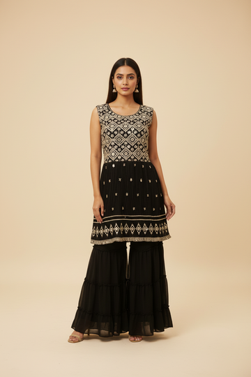 Black Party Wear 3-Piece Sharara Set Size 38 - Georgette