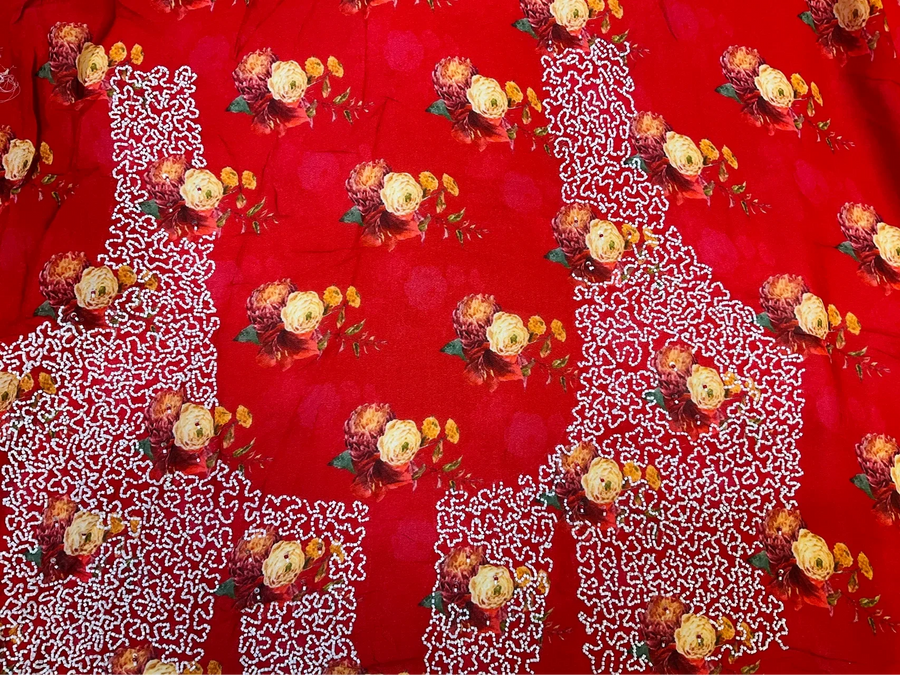 Chinon saree with floral print and bead work