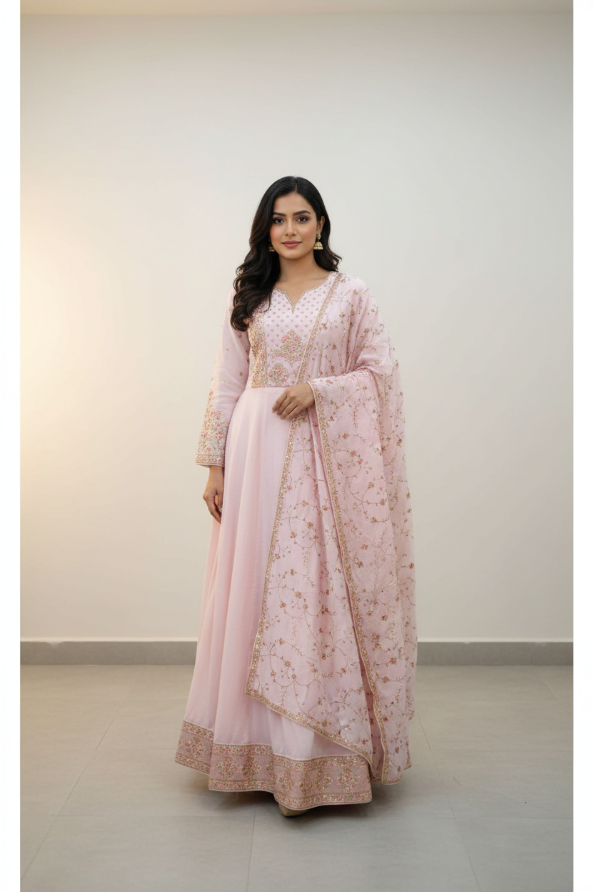 Long Sleeve Dress - Baby Pink Light Weight  Silk Dress Size 42/US M