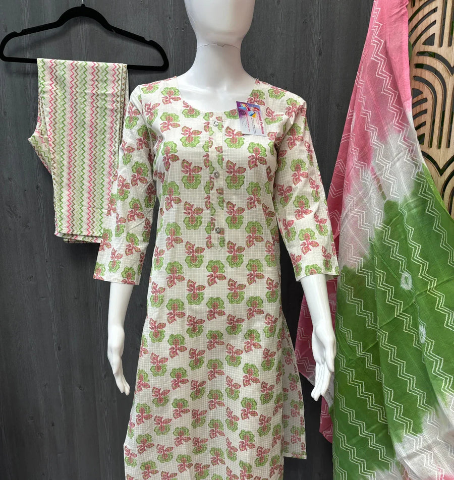 White color pure cotton Print Summer kurti set