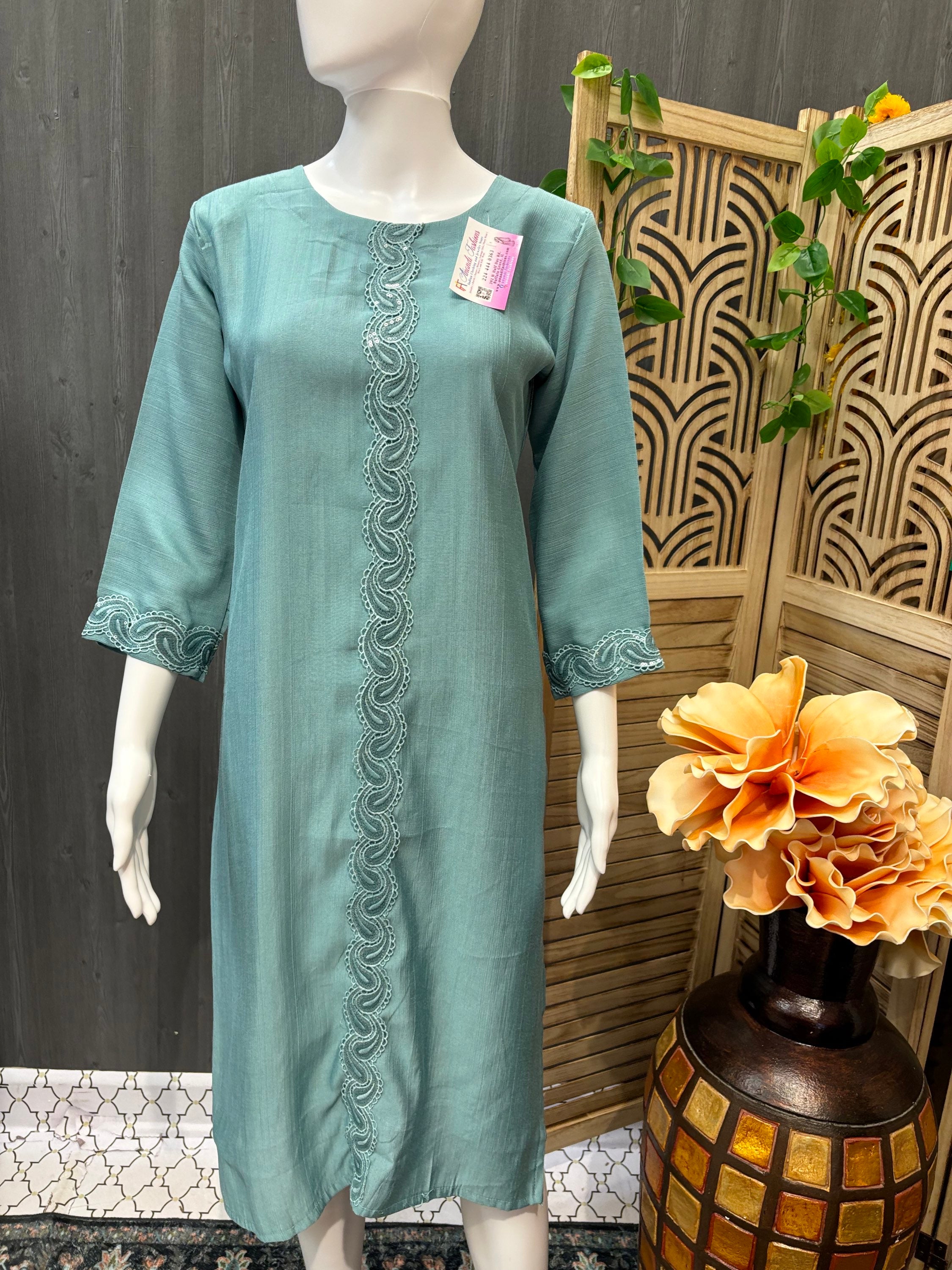 Plain Rayon Kurti with Sequence Work Design image 2