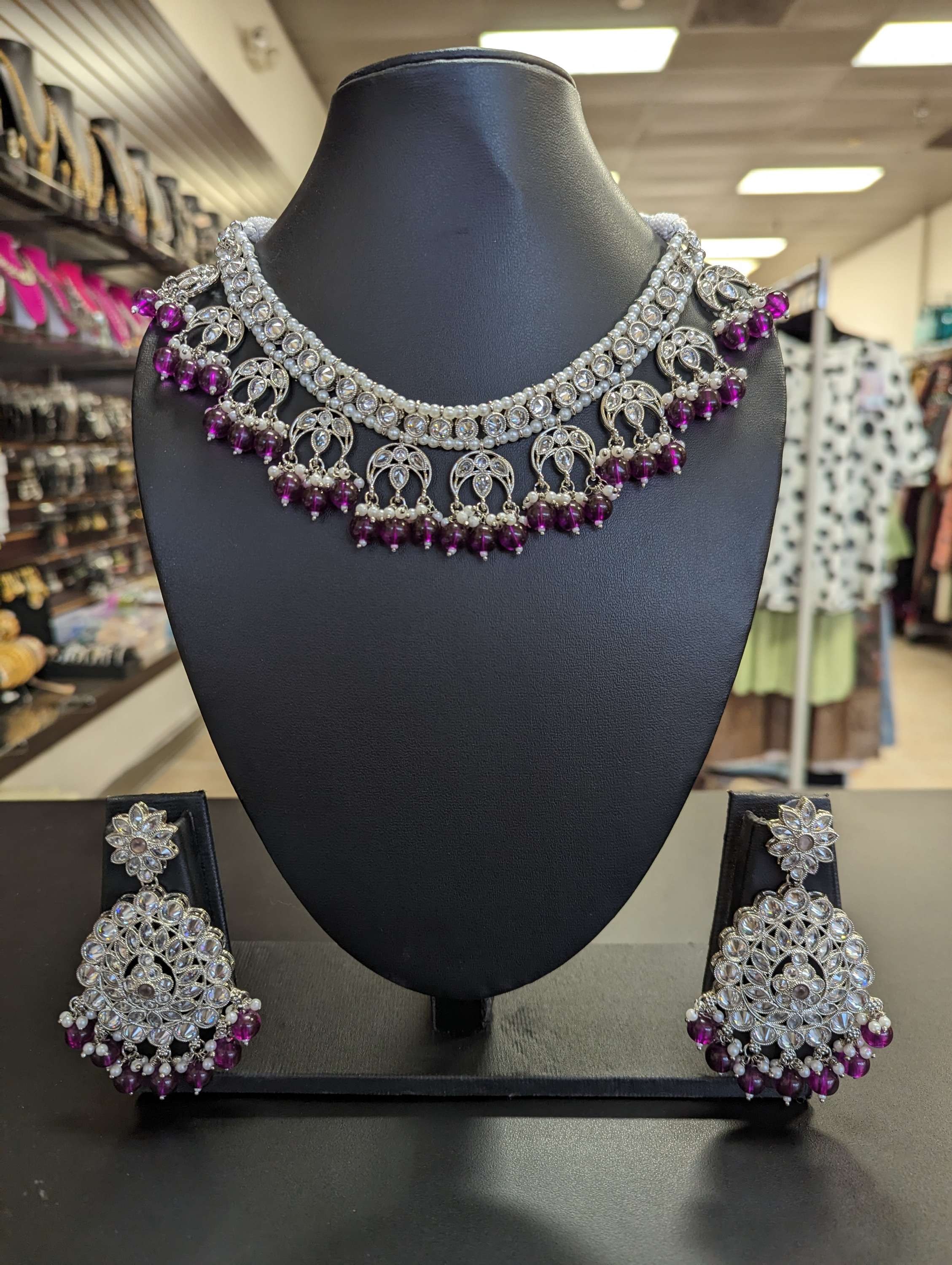 Oxidized Jewellery - Silver Color Necklace with purple beads image 2
