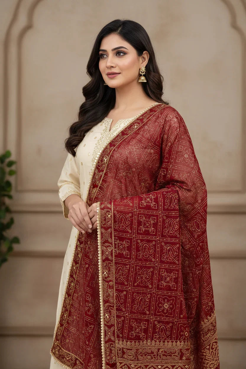 Woman in cream ethnic wear with gold embroidery and red embroidered dupatta showcasing Indian ethnic fashion