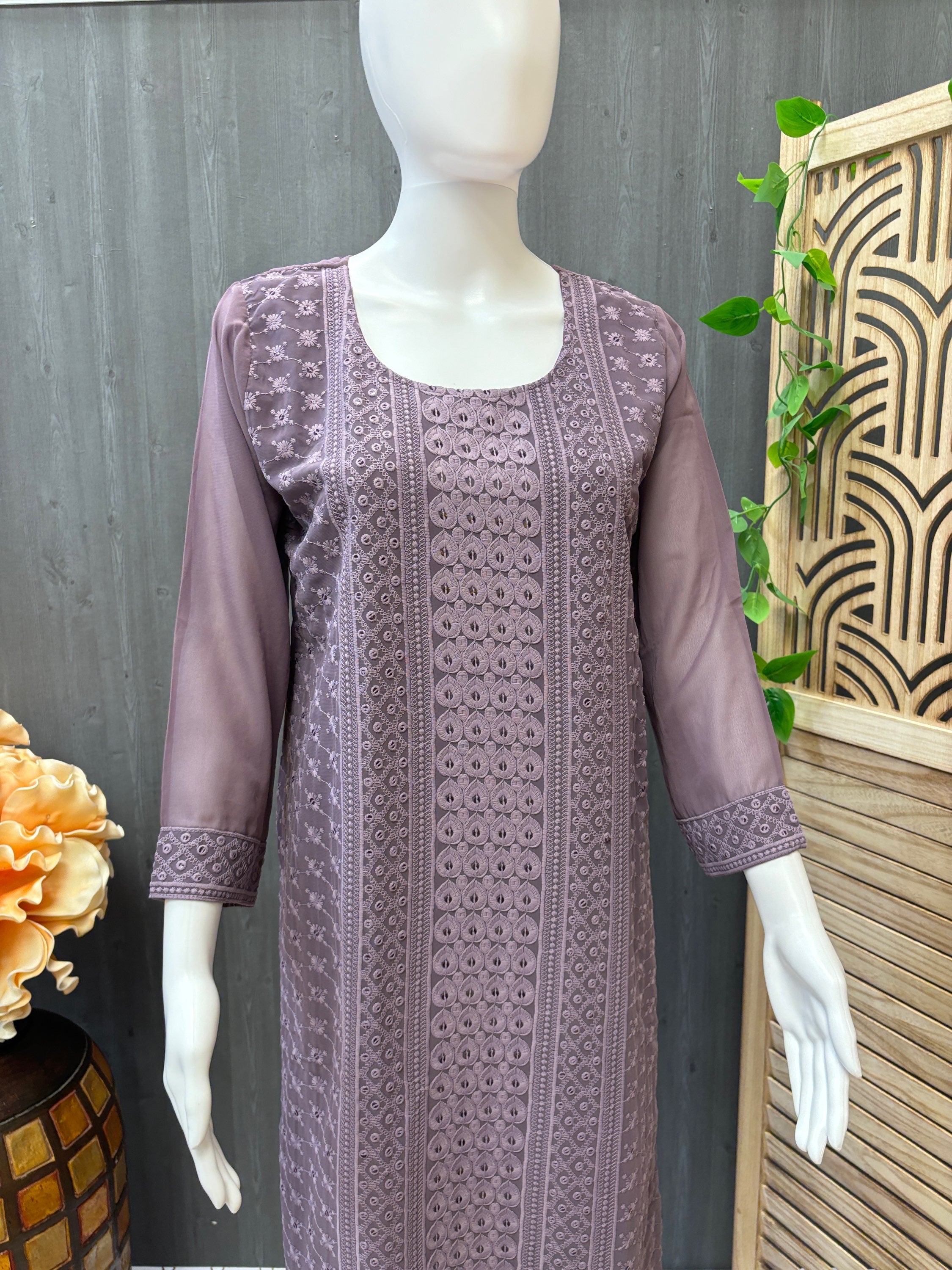Chikankari Kurti -Georgette Purple Chikankari Sequence work Kurti image 1