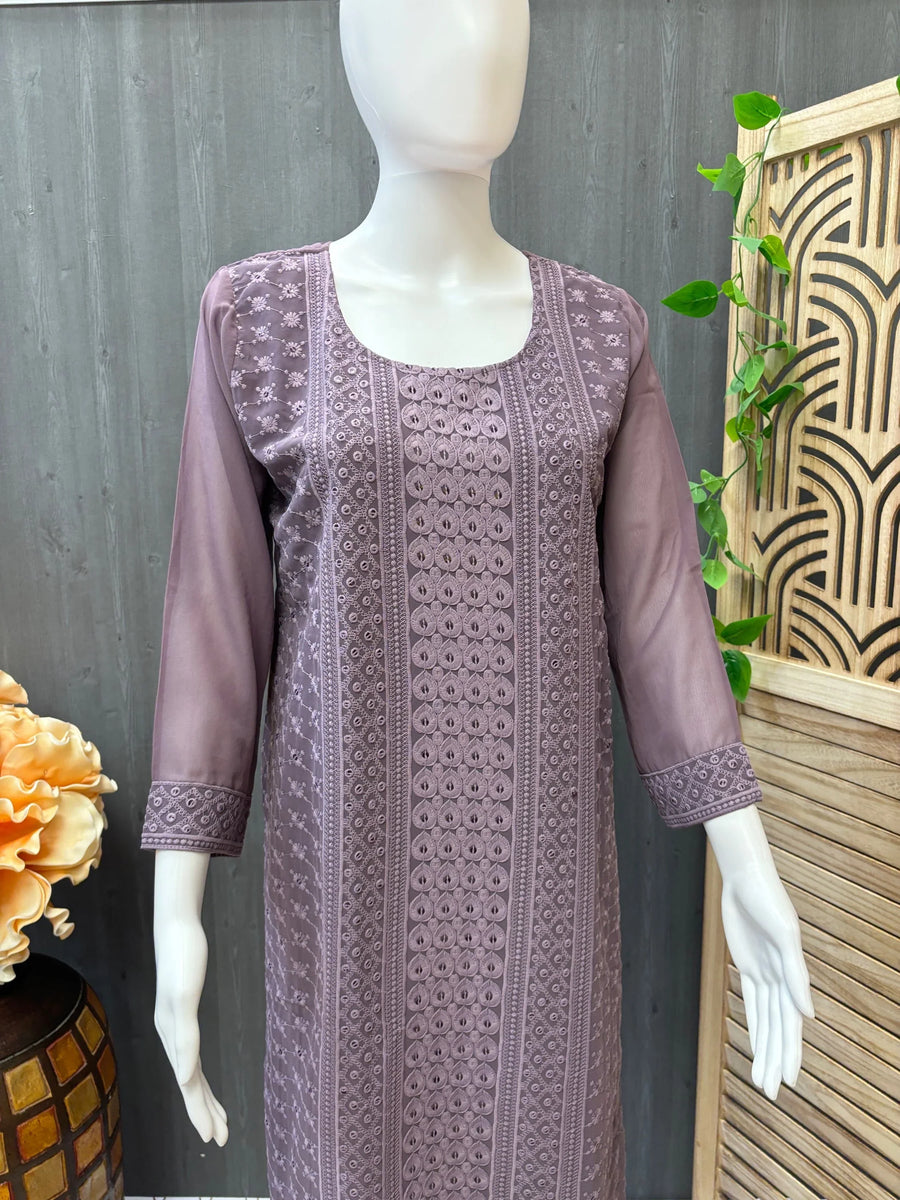 Chikankari Kurti -Georgette Purple Chikankari Sequence work Kurti