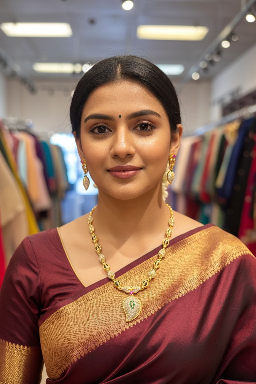 Indian woman in maroon and gold saree wearing traditional gold necklace and earrings in boutique