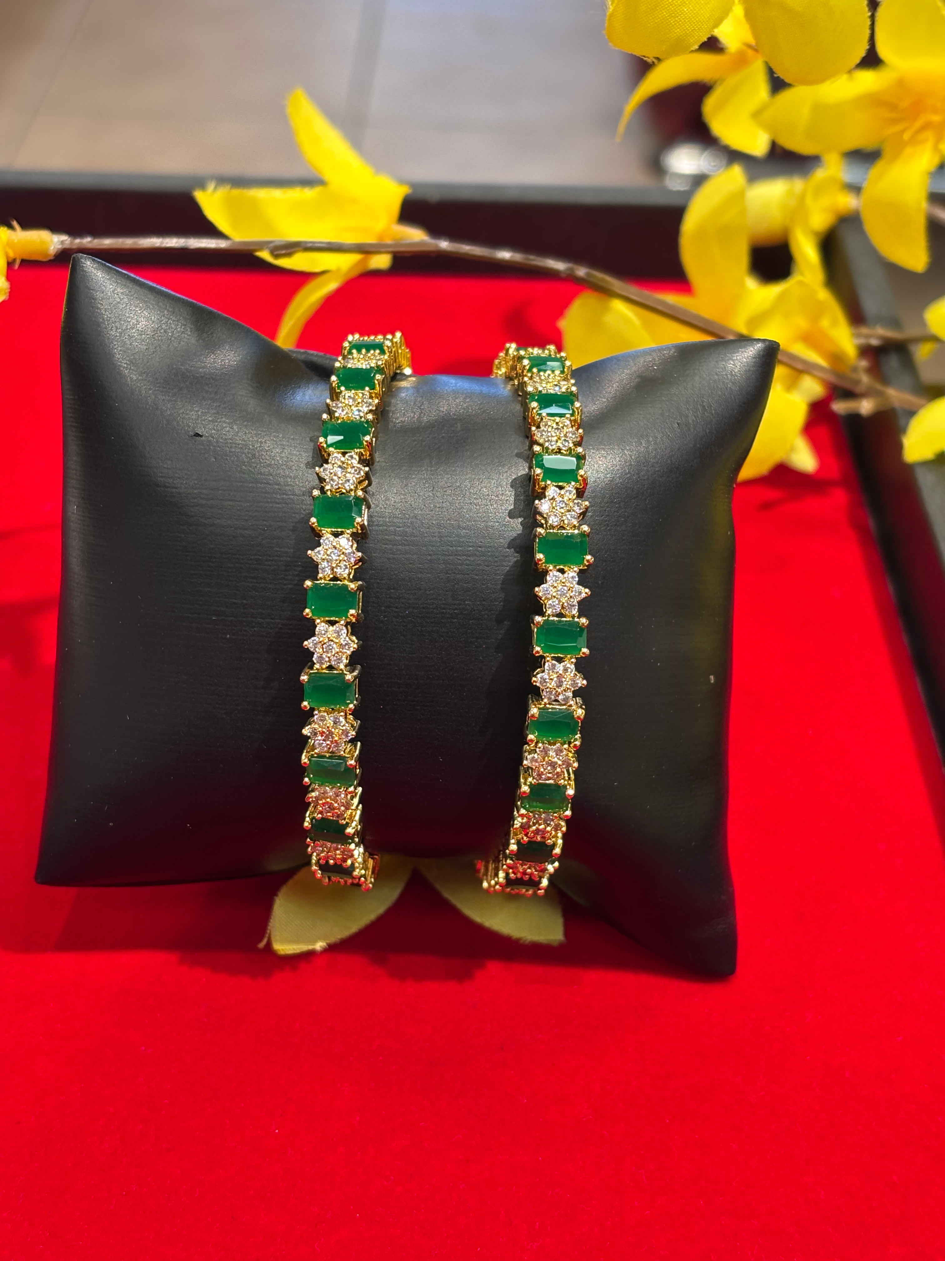 Pair of CZ Stone Bangles with Emeralds image 1