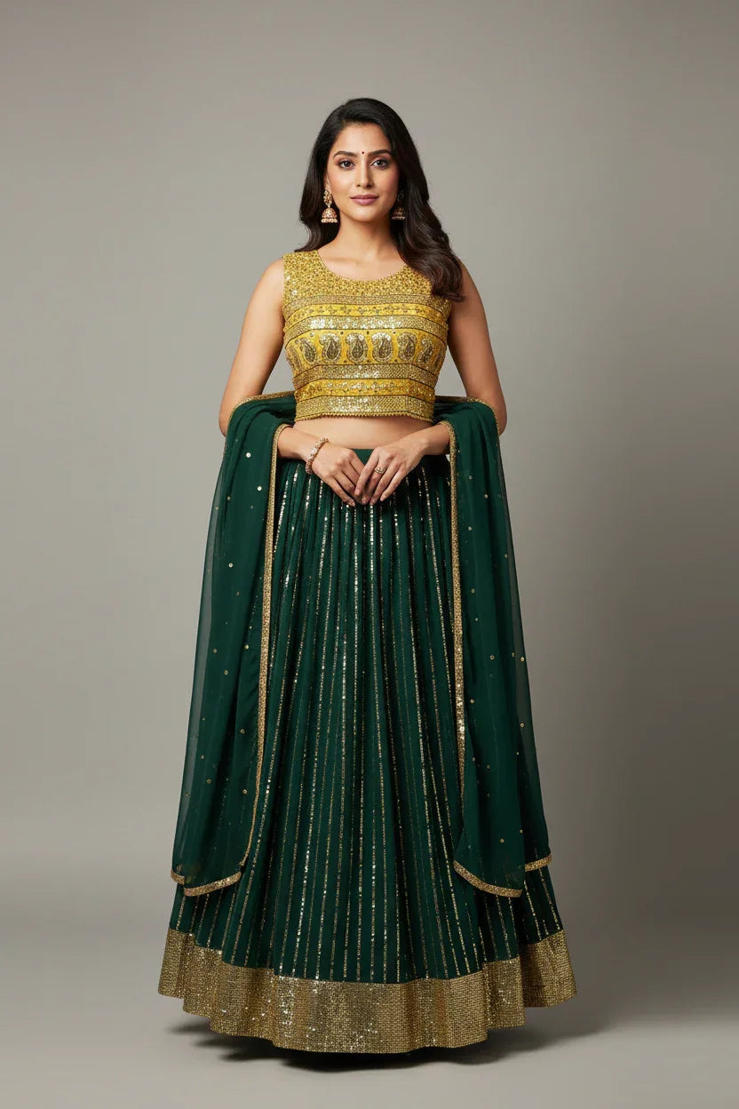 Woman wearing a gold embroidered crop top with a green and gold striped lehenga and matching dupatta