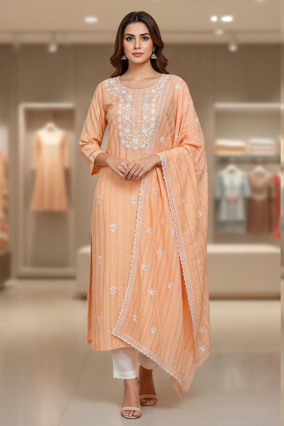 Women’s Elegant Pastel Chikankari Traditional Embroidery Kurti Set