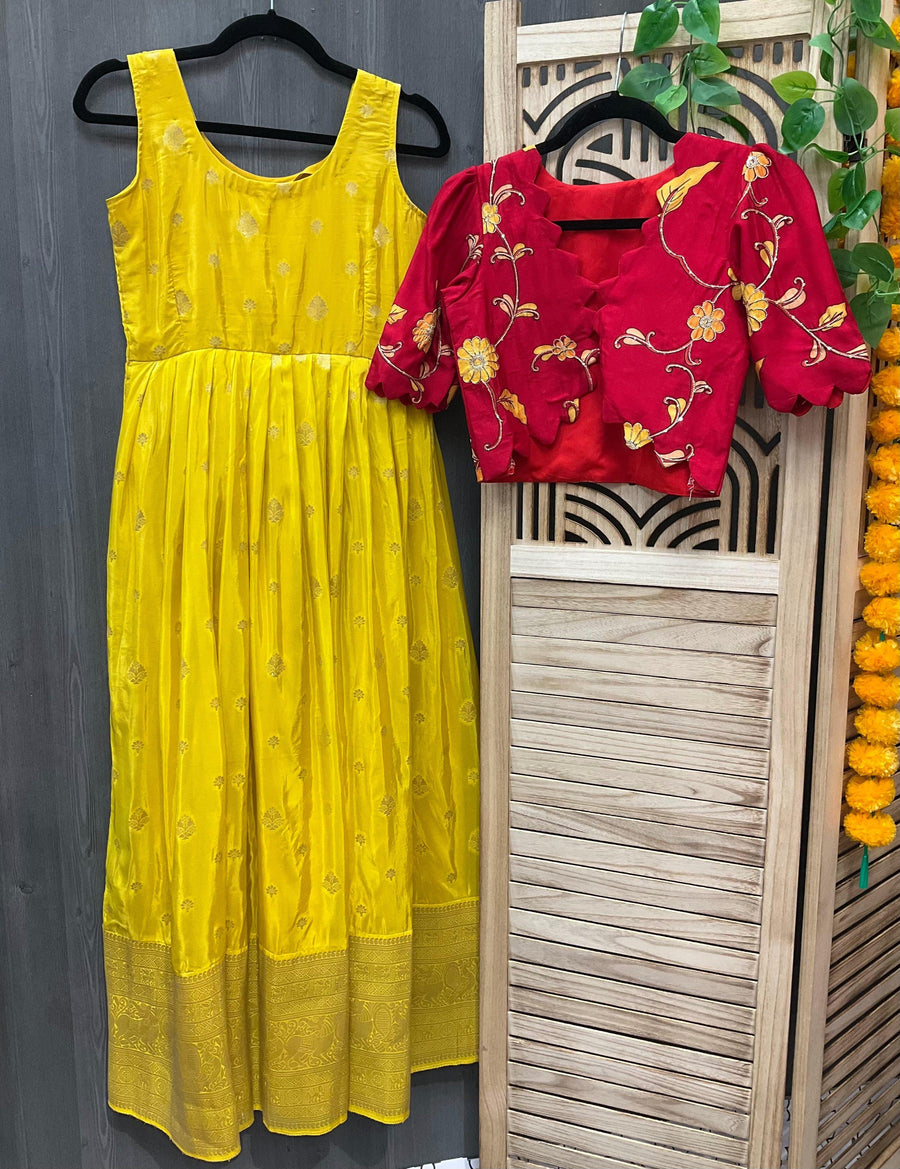 Little Girls - Customized Benarasi Yellow Long Dress with Red Vest