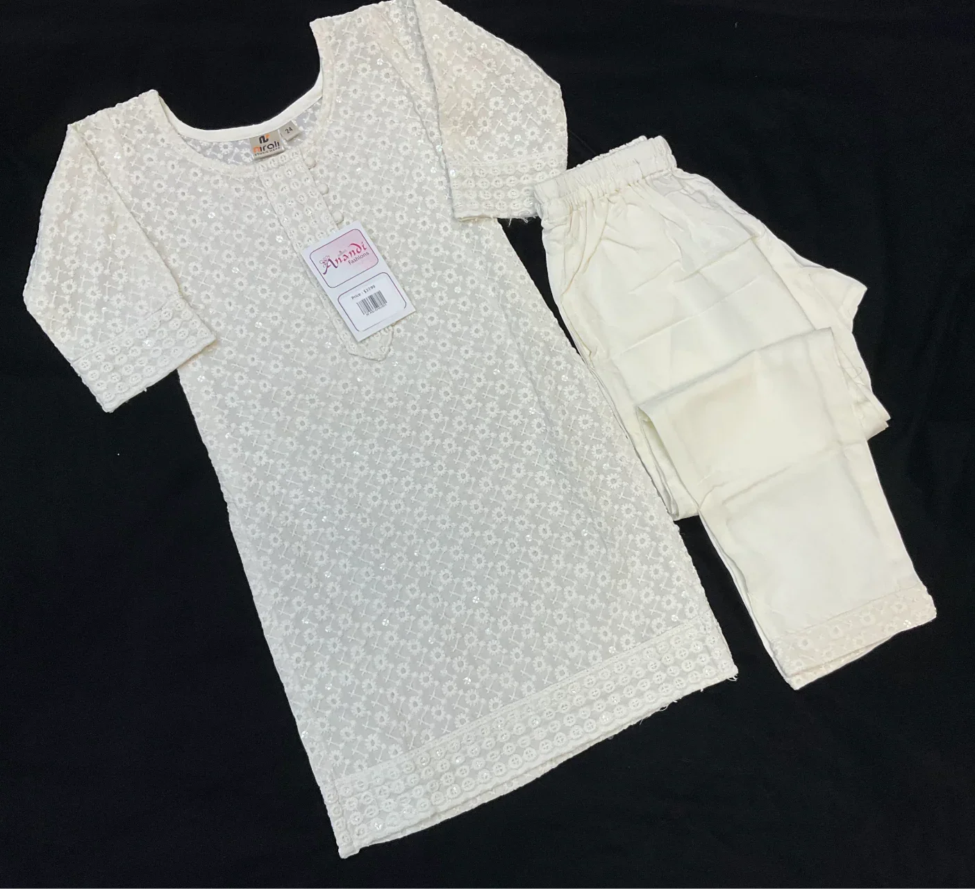 Girls- White Chikankari Kurti Set Size 24/26/28