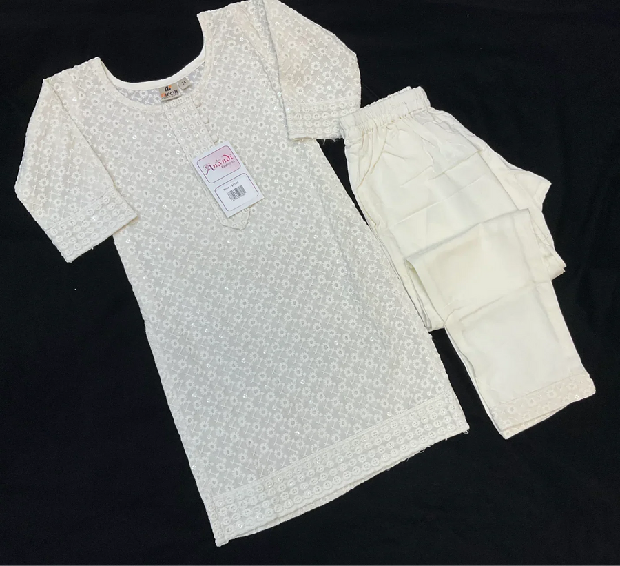 Girls- White Chikankari Kurti Set Size 24/26/28