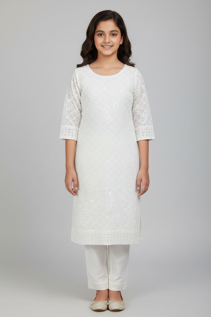 Woman wearing a white kurta with a plain background