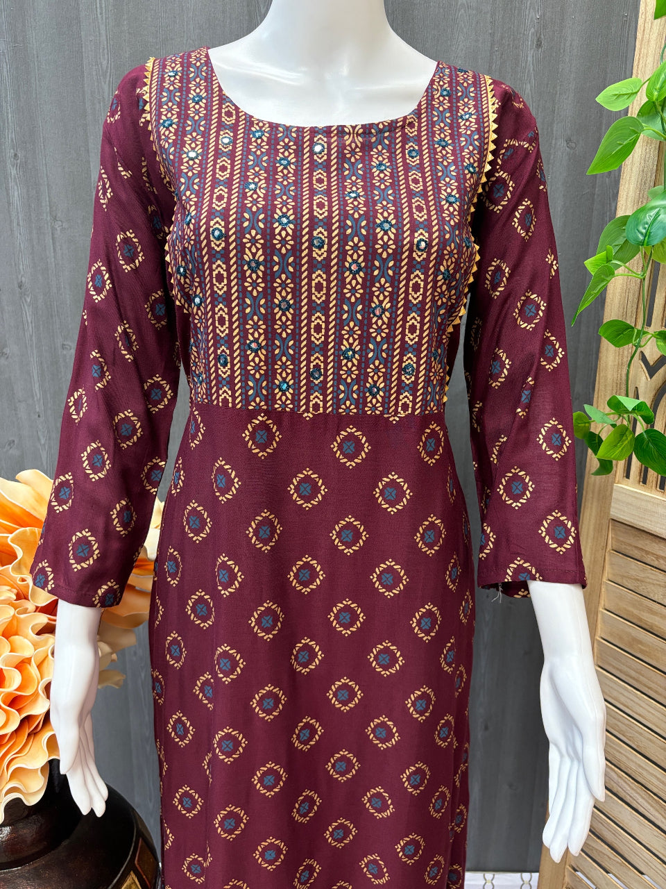 Long Rayon Anarkali Kurtis with Gold Print and Mirrors image 4