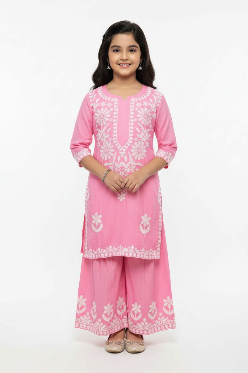 Toddler Girls Pink Rayon Chikankari Sharara Set