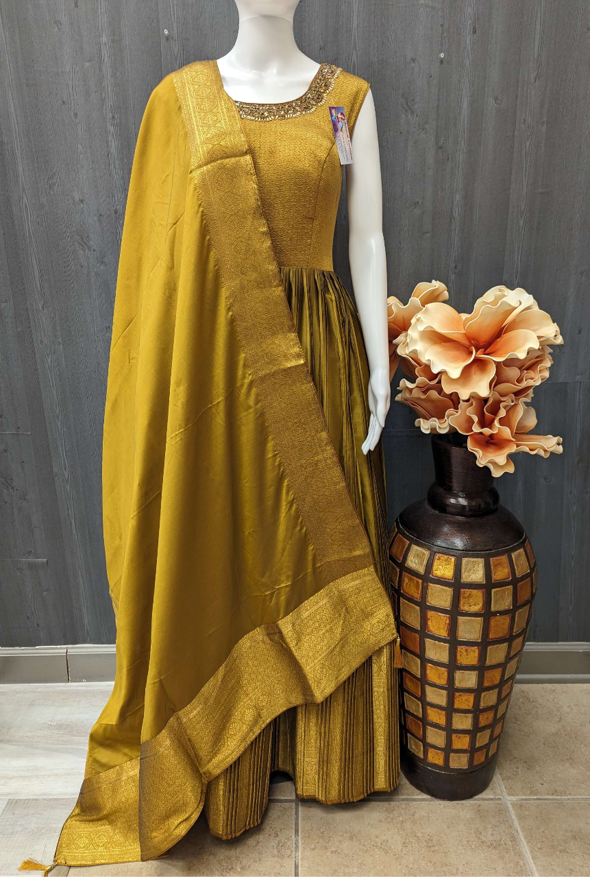 Indian Party Dresses - Olive Green Long Pure silk dress with dupatta image 0