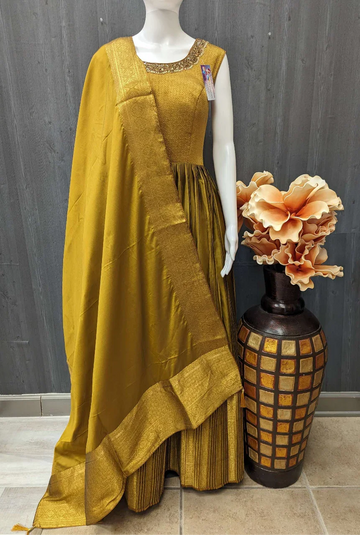 Olive Green Long Pure Silk Dress with Dupatta - Luxury Party Wear