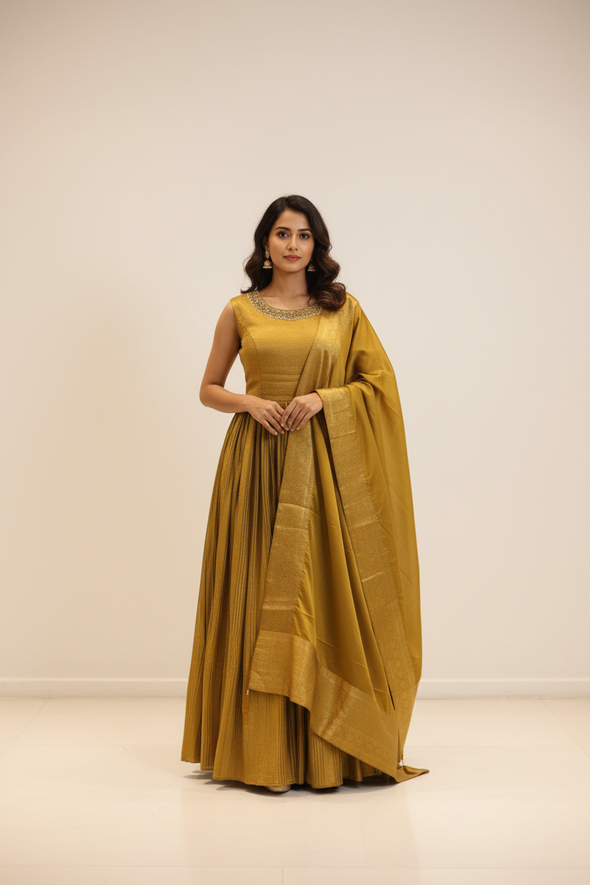 Olive Green Long Pure Silk Dress with Dupatta - Luxury Party Wear