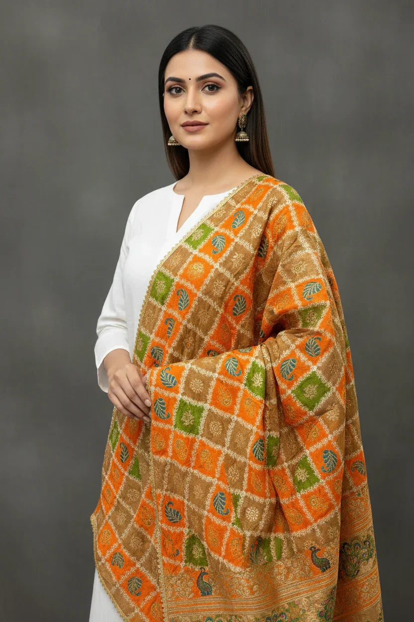 Indian woman in white kurta draped with orange, green, and beige ethnic embroidered shawl, wearing jhumka earrings
