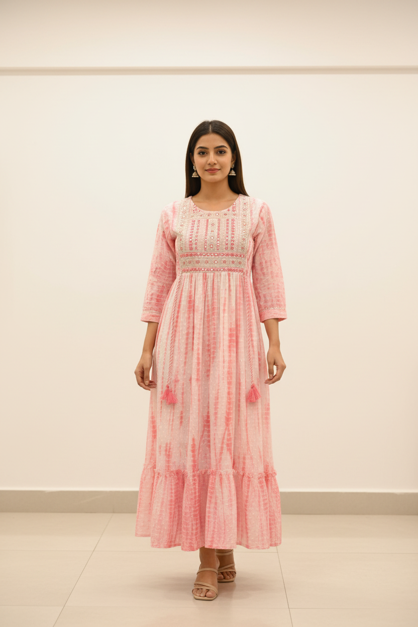Baby Pink - Tye and Dye Long Kurti-size 42/44