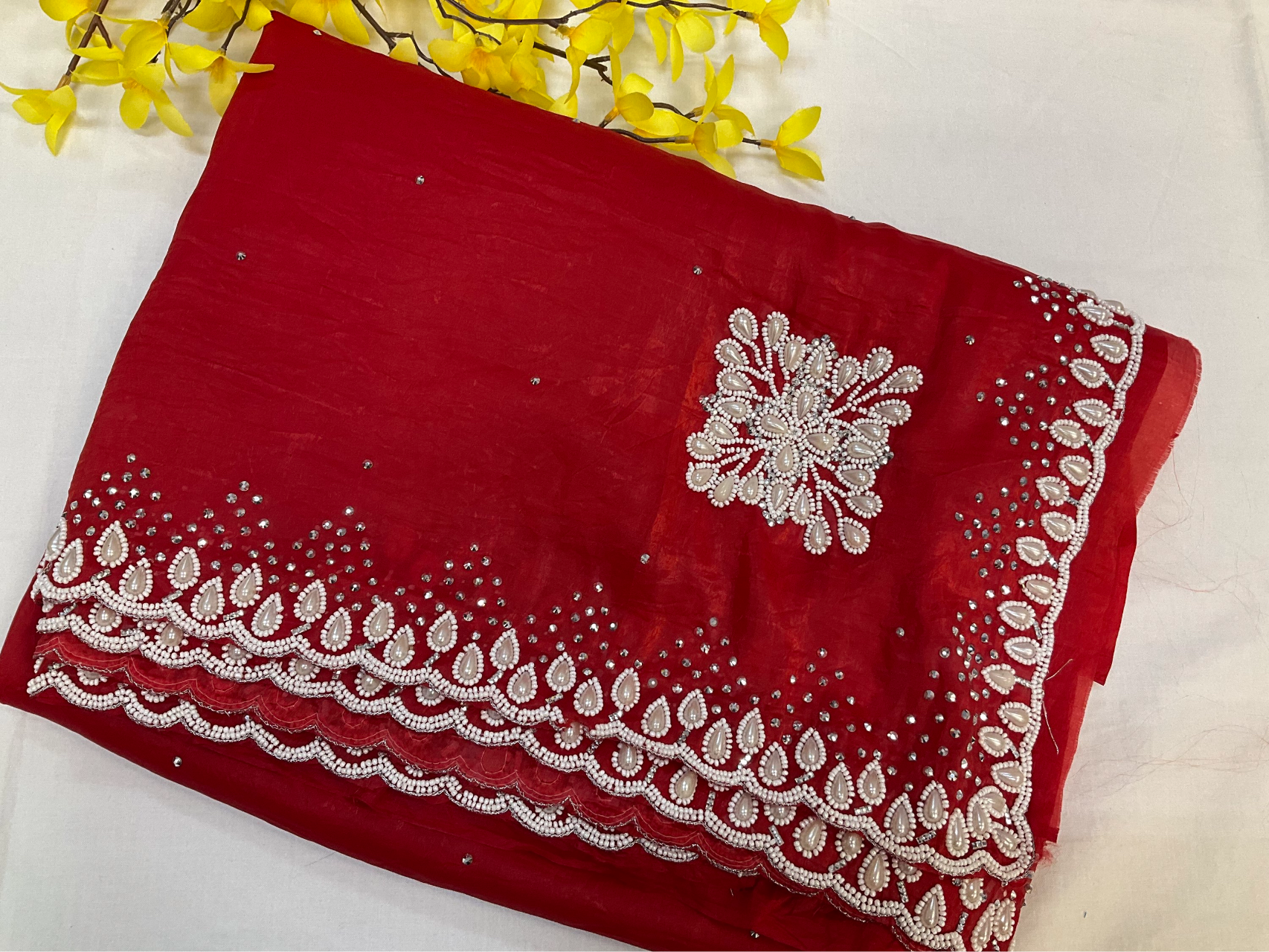 Crushed tissue saree with pearl bead work image 1
