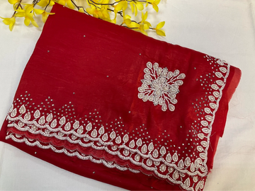 Crushed tissue saree with pearl bead work