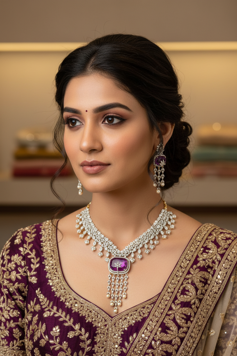 Indian woman wearing purple embroidered saree with gold detailing and diamond necklace and earrings, elegant ethnic jewelry