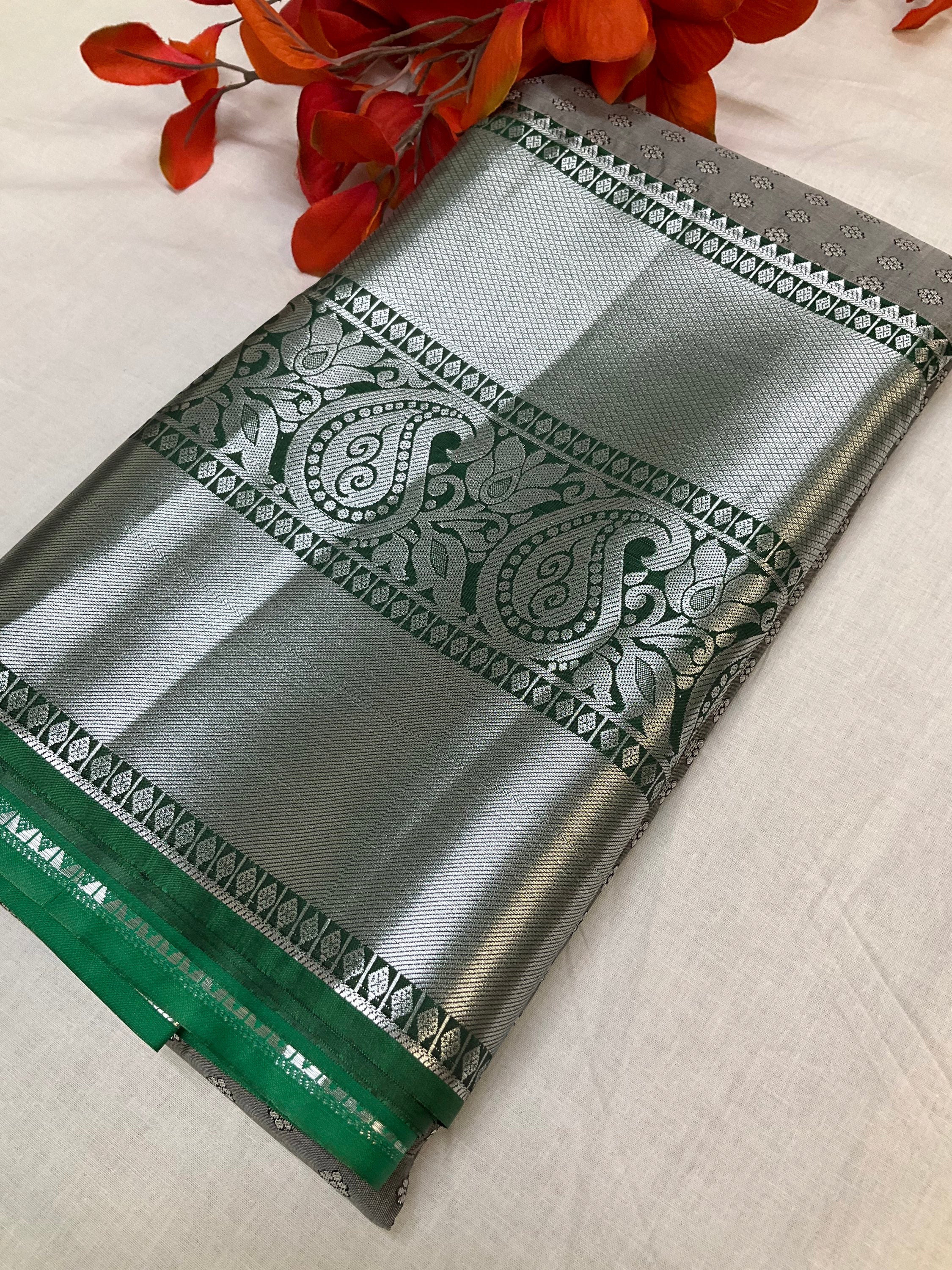 Grey and Green combination-Semi Silk Kanjeevaram Saree image 0