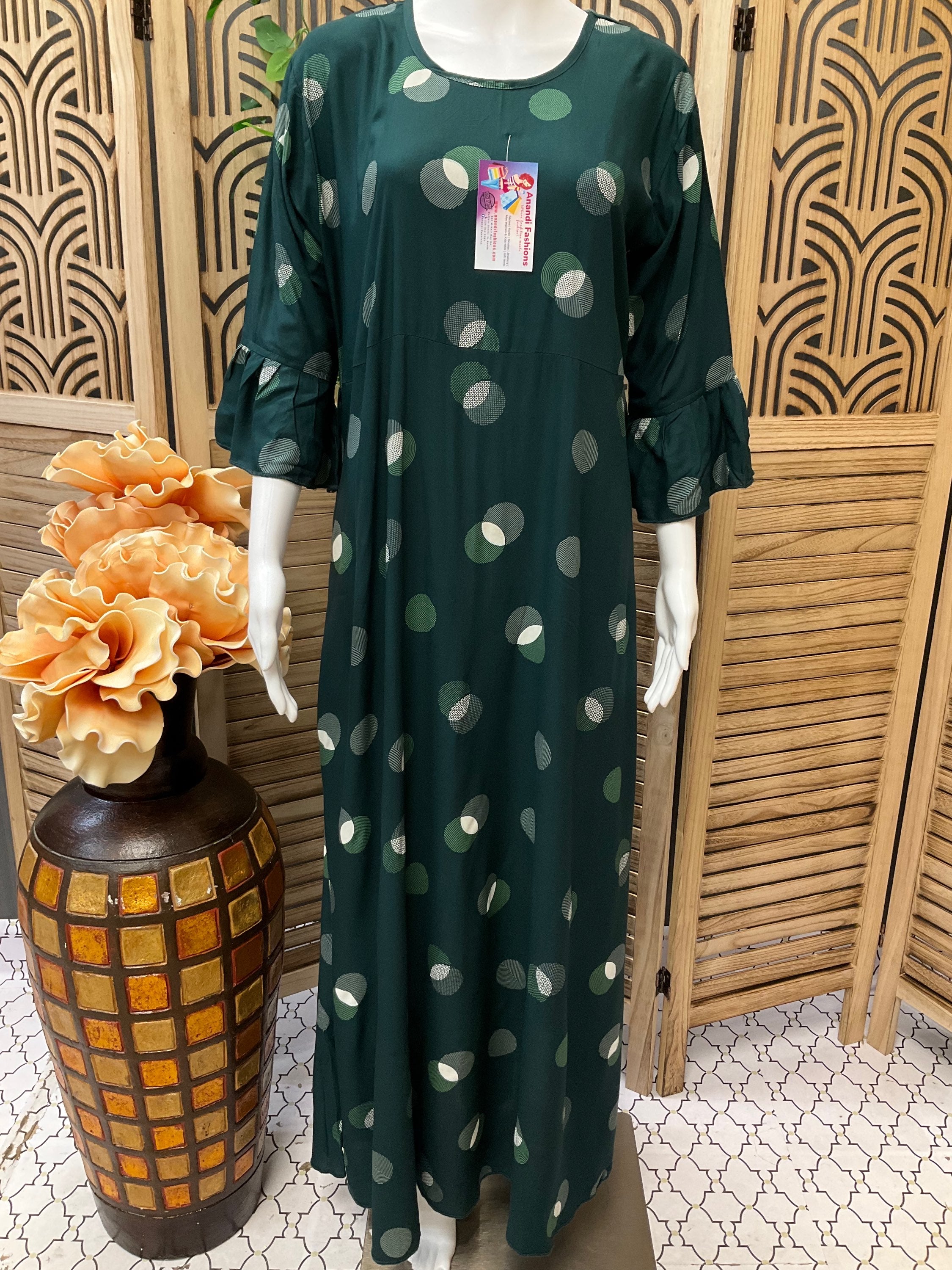 Indian Nighties - Rayon bottle green nighty with elbow sleeves image 1
