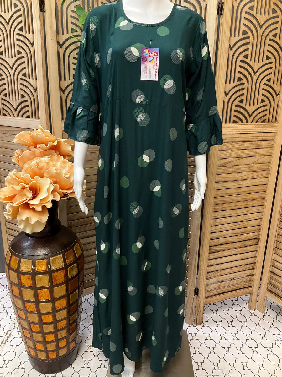 Indian Nighties - Rayon bottle green nighty with elbow sleeves
