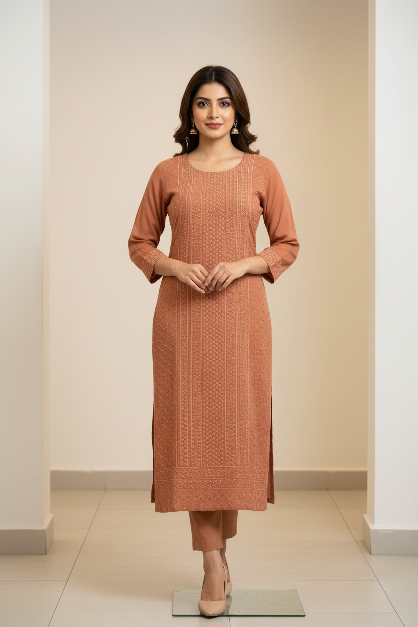 Elegant Chikankari Kurti with Matching Pants - Traditional Embroidery Set