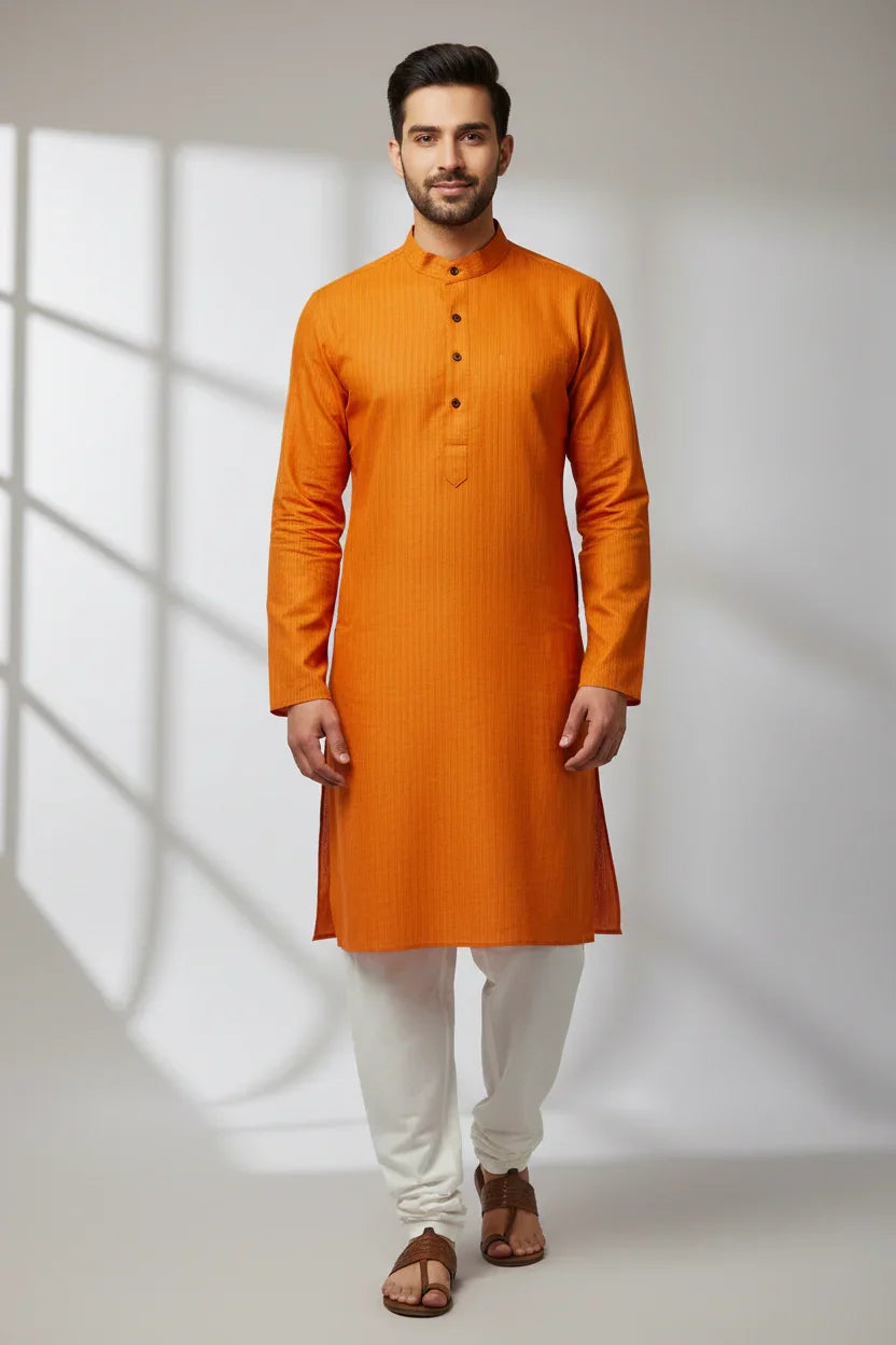 Man wearing orange Indian ethnic kurta and white churidar pants, standing in a studio with soft window light