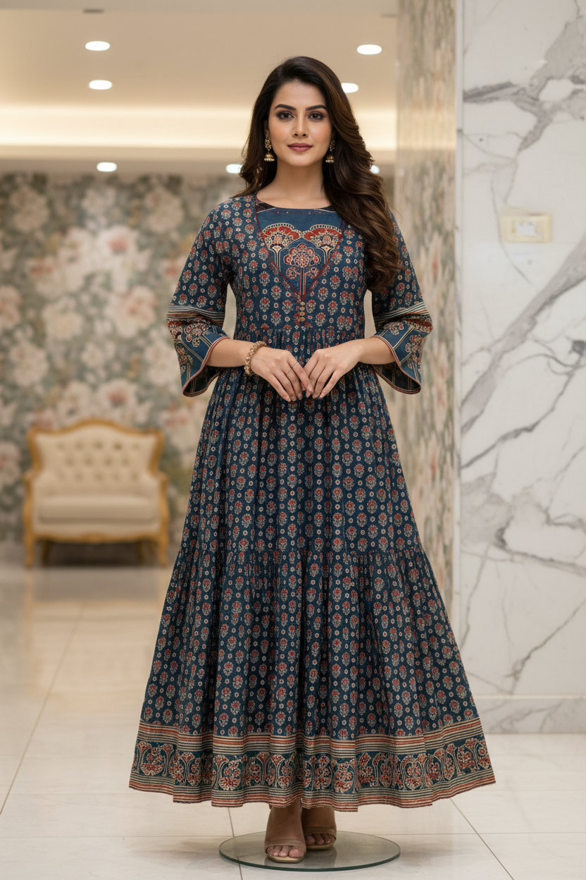 Pure Cotton- Stylish Anarakali Kurti with Jaipuri prints - Size 38/40