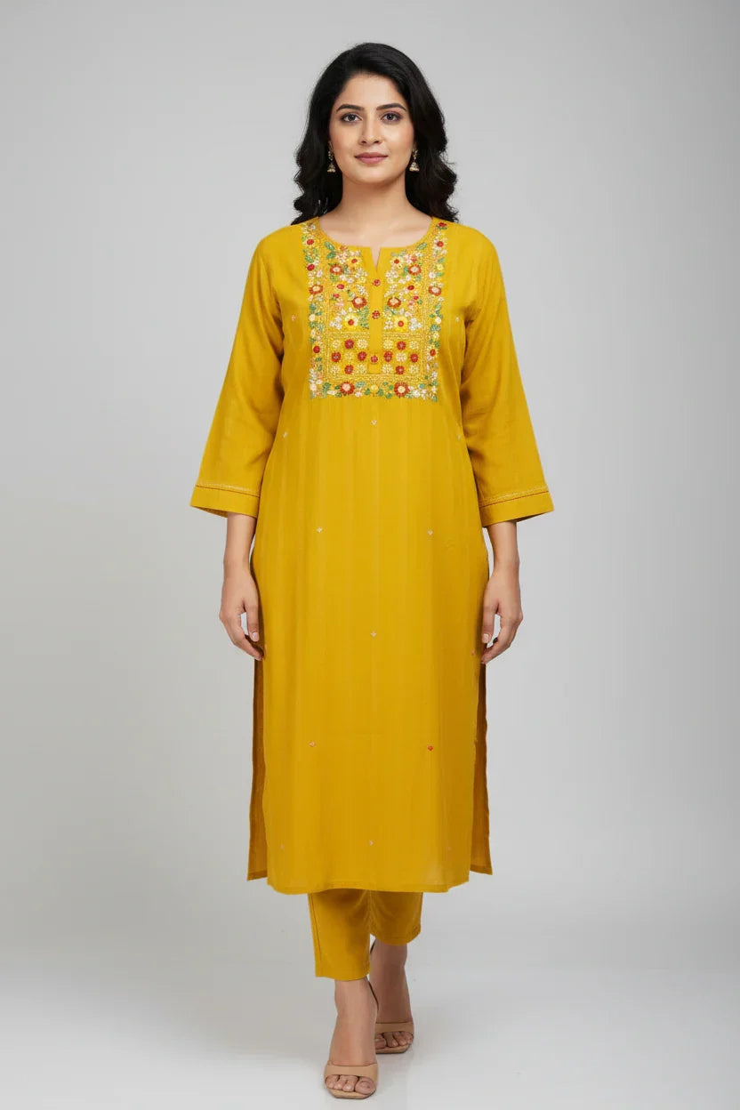 Woman wearing mustard yellow Indian ethnic kurta with floral embroidery and matching pants