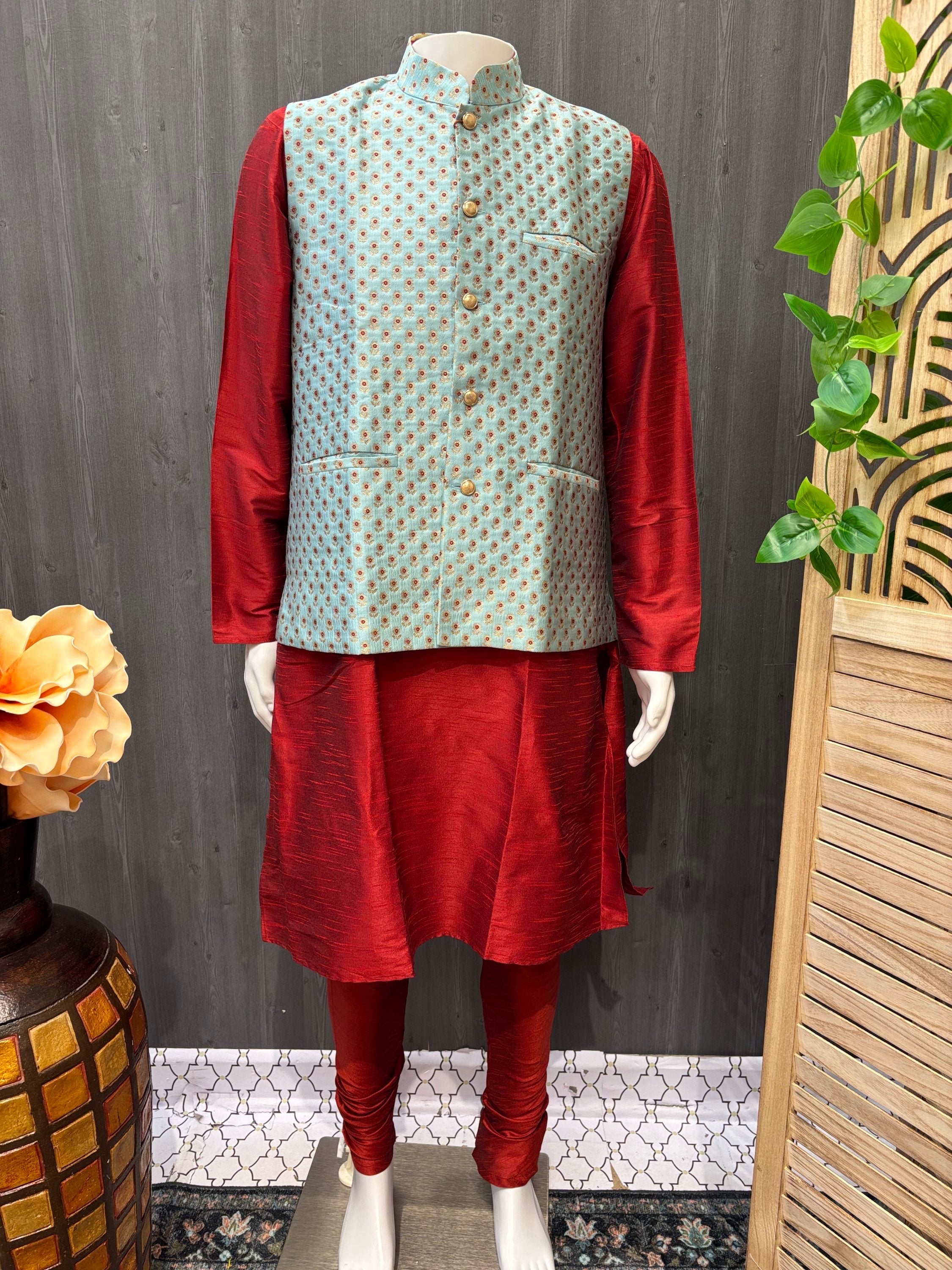 Party Wear for Men - Yellow and Red Men’s kurta set with Vest image 0