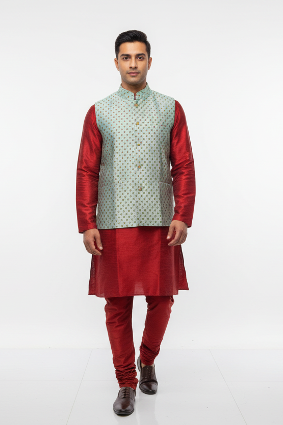 Men’s Yellow and Red Kurta Set with Vest