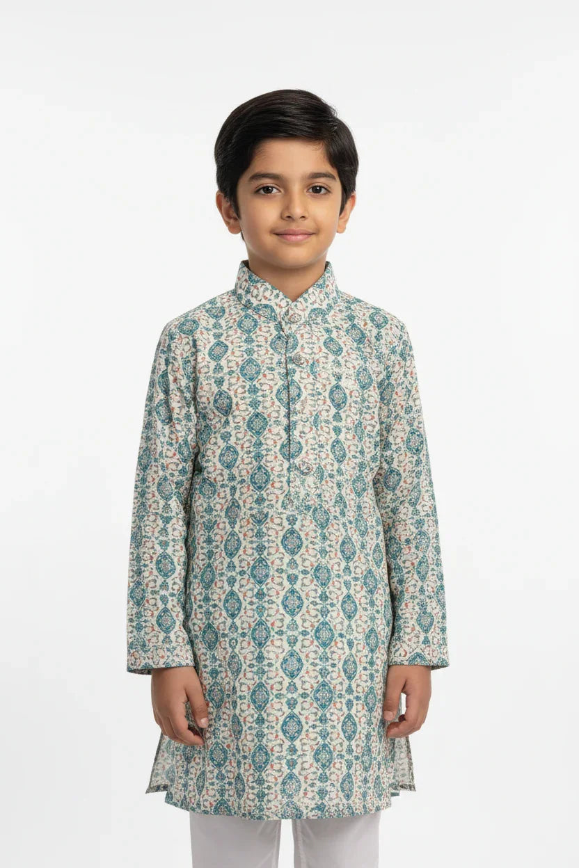 Boy wearing traditional Indian ethnic kurta with blue and white floral pattern at Anandi Fashions
