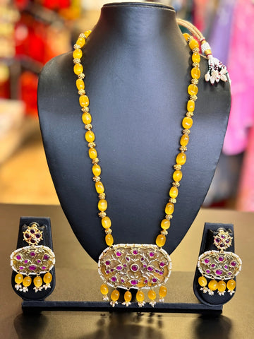 Monalisa Beads Mala - Yellow Monalisa Beads long necklace set with Pendant