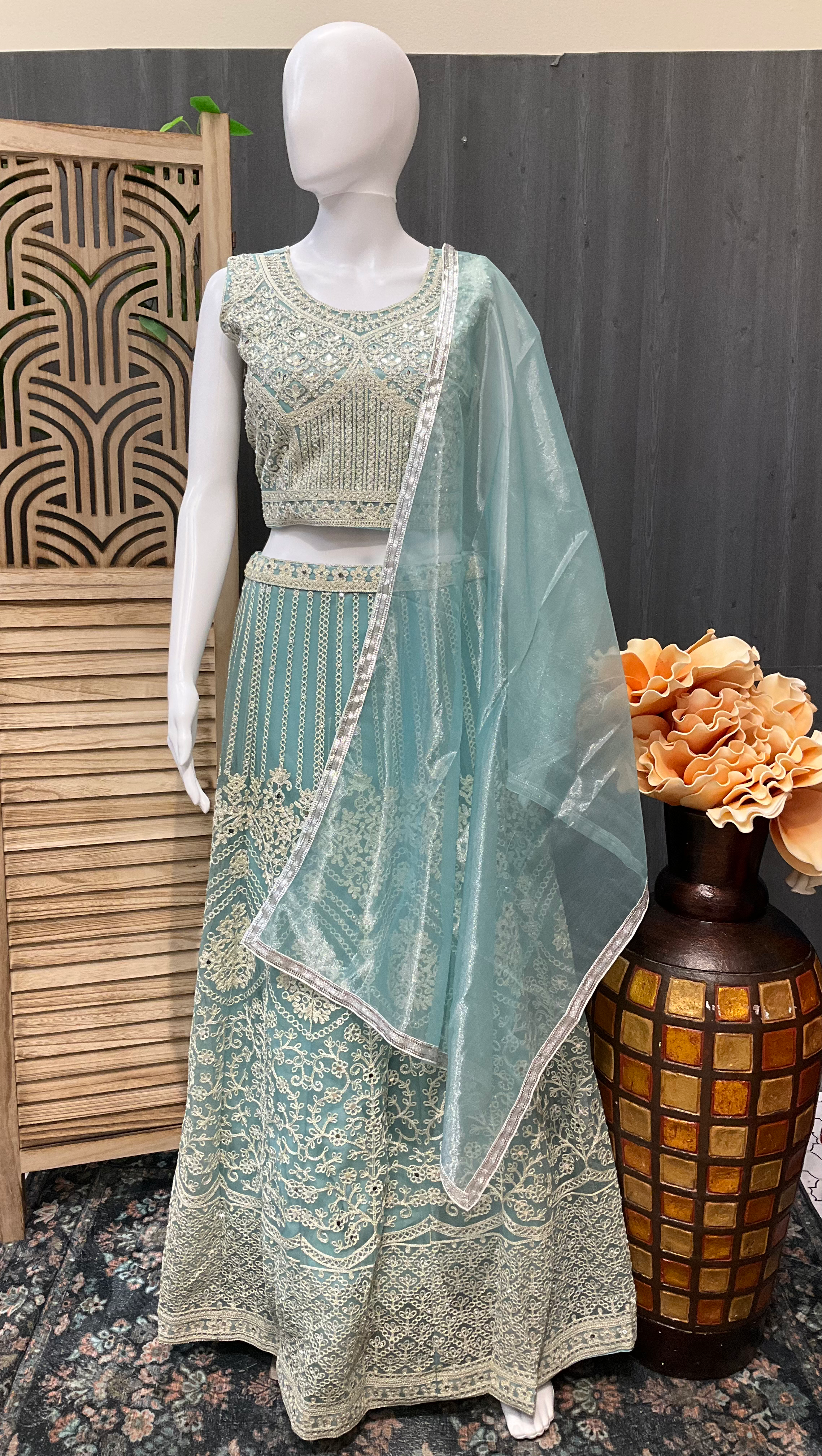 Glass Tissue Material-Heavy Work Party Wear Lehanga set in Pastel colors image 0