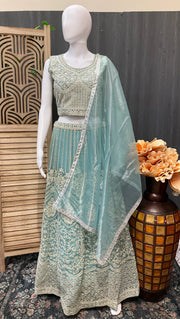 Pastel Glass Tissue Heavy Work Lehenga Set - Party Wear