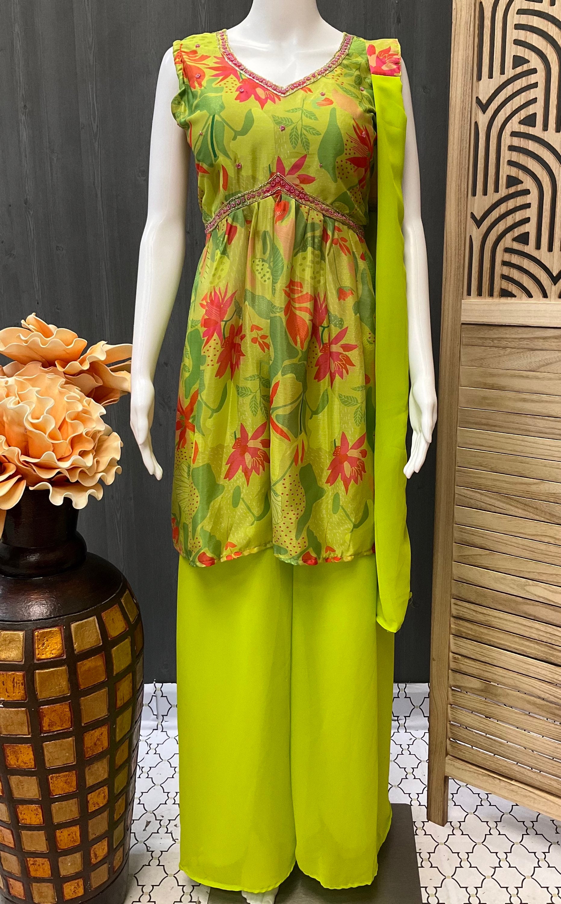 Neon Green Palazzo set with Floral print image 0
