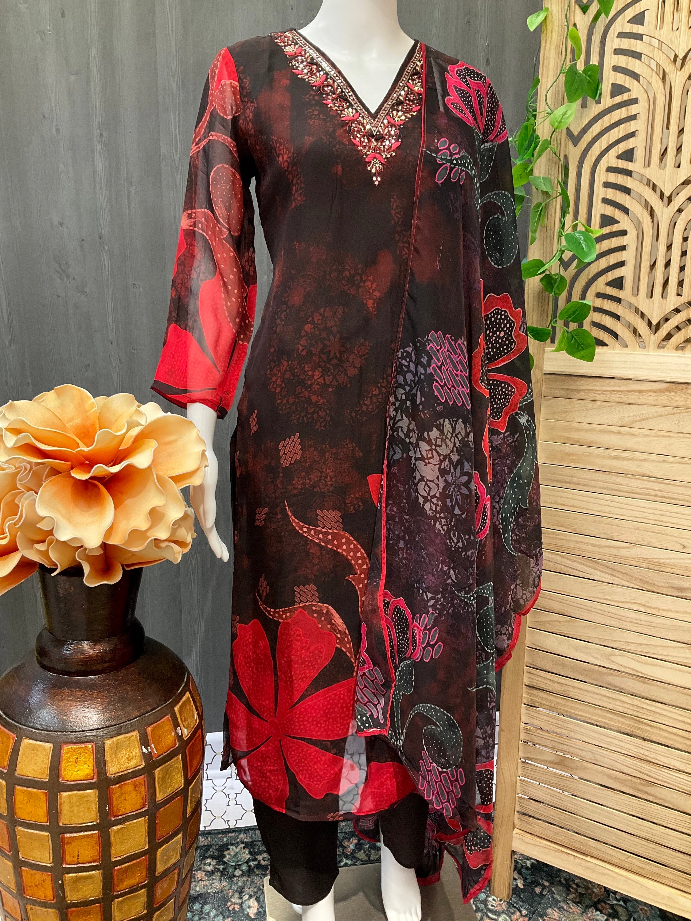 Black Organza floral print Chudidhar set image 1