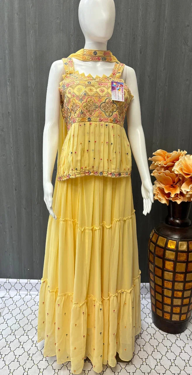 Lime Yellow Georgette Lehenga Set Size 38 - Party Wear