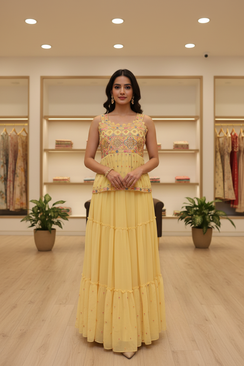 Lime Yellow Georgette Lehenga Set Size 38 - Party Wear